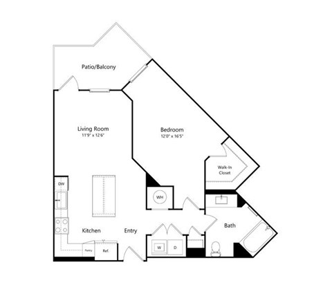 A floor plan of a home with a living room, bedroom, kitchen, bathroom, and walk-in closet.